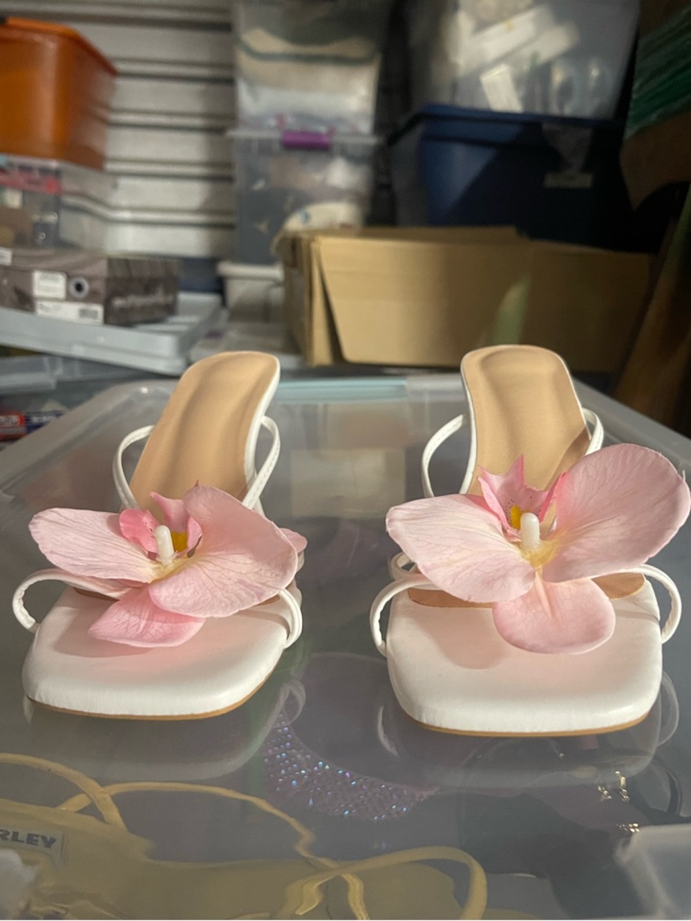 Steve Madden White Strappy Mules with Pink Floral Accent